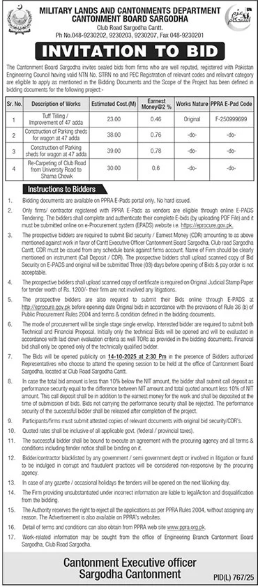 Military Lands & Cantonment Department Sargodha Tender Notice